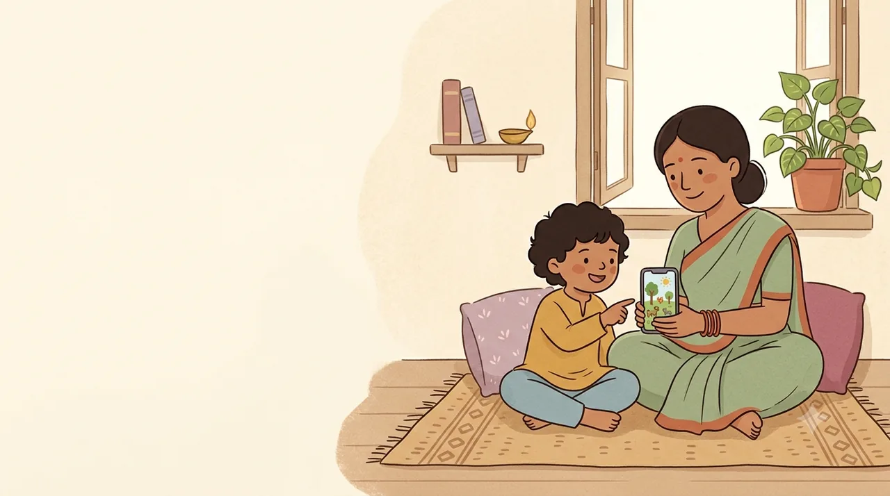 A mother and her young child sitting together at home, sharing a phone lesson
