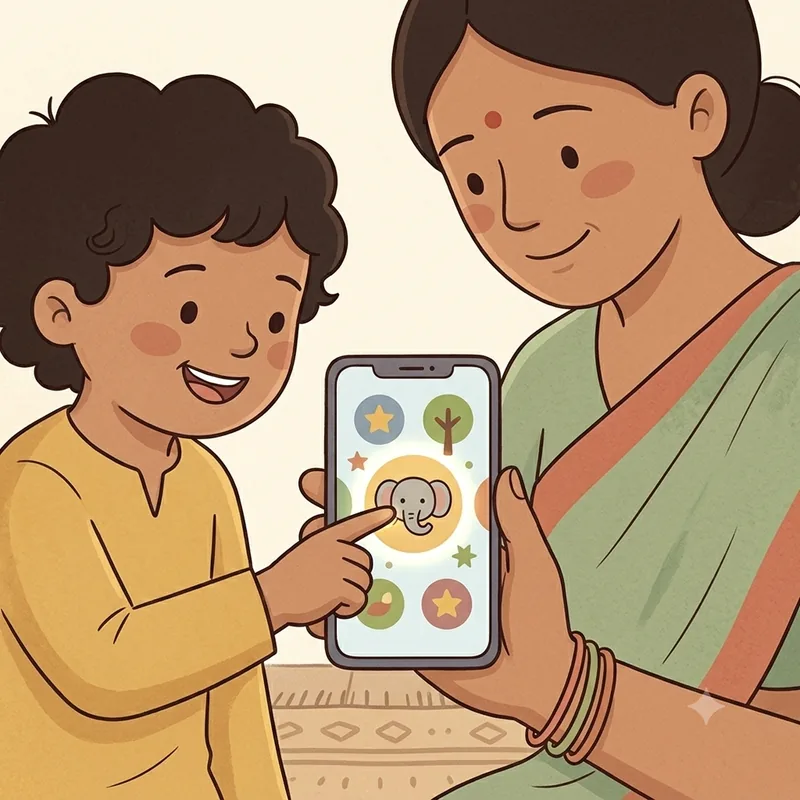 A child tapping a colourful picture on the lesson screen